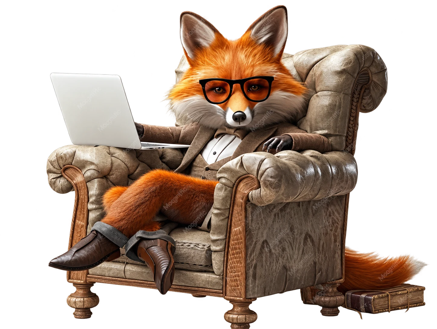 A suited fox with glasses working on a laptop in an armchair